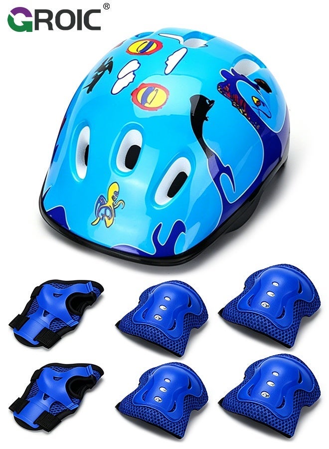 GROIC 7Pcs Kids Bike Helmet Set,Skateboard Knee Pads, Helmet Pad Set Protective Gear Set,Kids Helmet Set with Knee Elbow Wrist Pads for Skateboard Cycling Scooter Rollerblading(Blue-Circle) - Image 1