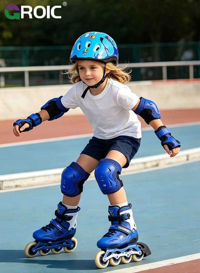 GROIC 7Pcs Kids Bike Helmet Set,Skateboard Knee Pads, Helmet Pad Set Protective Gear Set,Kids Helmet Set with Knee Elbow Wrist Pads for Skateboard Cycling Scooter Rollerblading(Blue-Circle) - Image 3