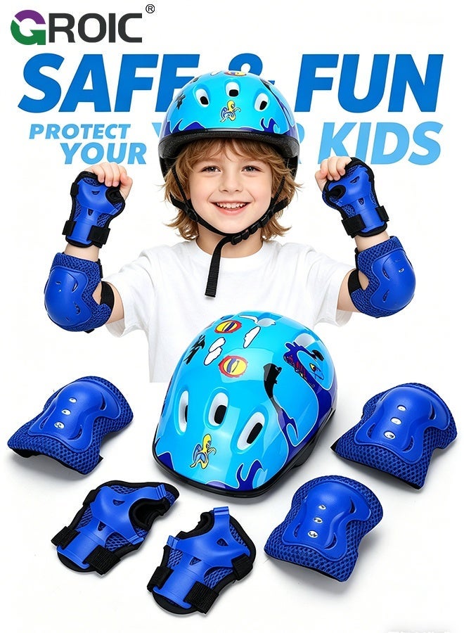 GROIC 7Pcs Kids Bike Helmet Set,Skateboard Knee Pads, Helmet Pad Set Protective Gear Set,Kids Helmet Set with Knee Elbow Wrist Pads for Skateboard Cycling Scooter Rollerblading(Blue-Circle) - Image 2