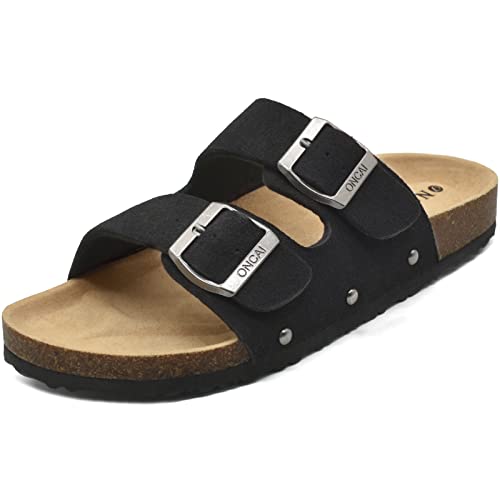 ONCAI Womens Comfortable Sandals Knock Off Clogs Sandals Women Dressy Summer Flat with Arch Support Two Strap Slip On Adjustable Buckle Slides Shoes for Women Black Size 7 - Image 1