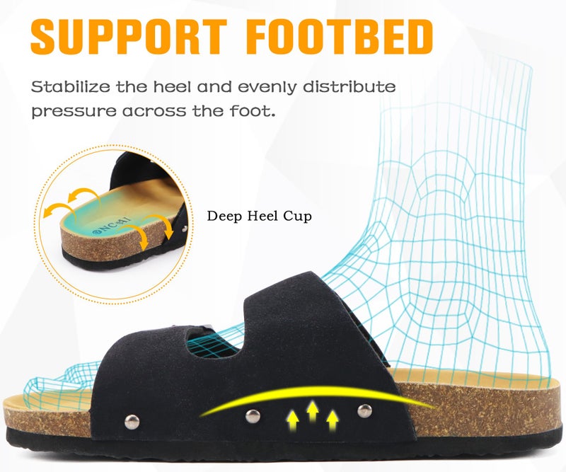 ONCAI Womens Comfortable Sandals Knock Off Clogs Sandals Women Dressy Summer Flat with Arch Support Two Strap Slip On Adjustable Buckle Slides Shoes for Women Black Size 7 - Image 4
