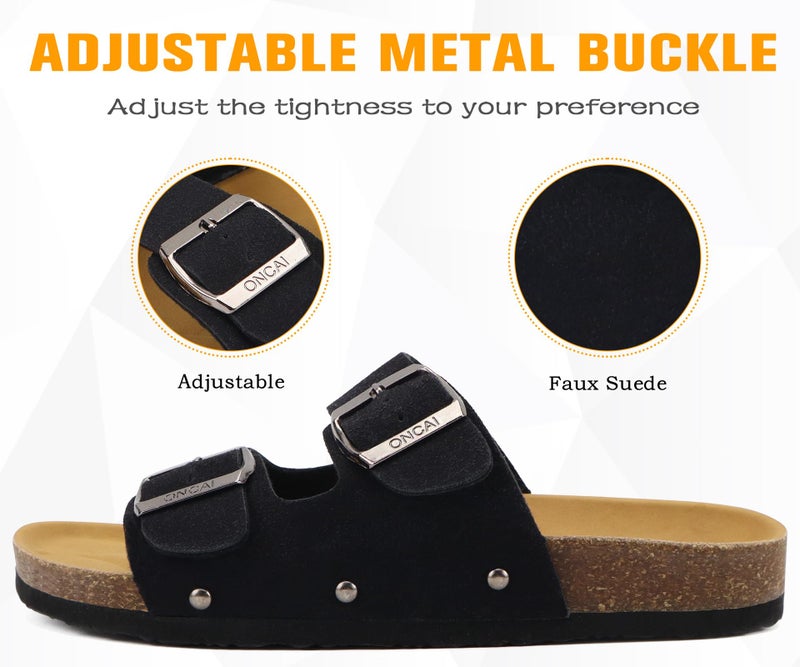 ONCAI Womens Comfortable Sandals Knock Off Clogs Sandals Women Dressy Summer Flat with Arch Support Two Strap Slip On Adjustable Buckle Slides Shoes for Women Black Size 7 - Image 3