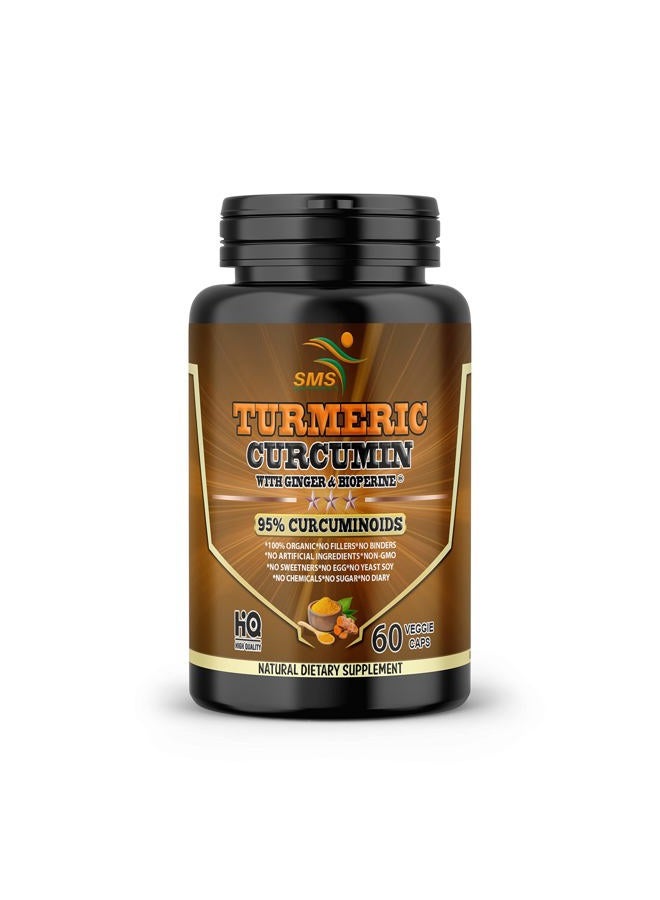 SMSHEALTHPRODUCTS.com Turmeric Curcumin with Ginger, BioPerine Black Pepper, 95% Curcuminoids, Natural Joint & Healthly Inflammatory Support, Antioxidant Tumeric Supplement, 60 Veggie Capsules, Made in USA, by SMS - Image 1