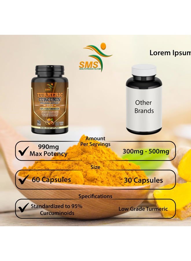 SMSHEALTHPRODUCTS.com Turmeric Curcumin with Ginger, BioPerine Black Pepper, 95% Curcuminoids, Natural Joint & Healthly Inflammatory Support, Antioxidant Tumeric Supplement, 60 Veggie Capsules, Made in USA, by SMS - Image 2