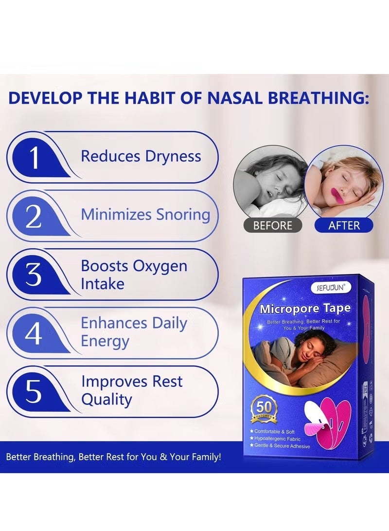 سيفودون 50 جهاز كمبيوتر شريط الميكروبور شريط الفم الوردي شرائط النوم ناعمة ومريحة شرائط الفم اللاصقة اللطيفة والأمنة التنفس الأنف مكافحة الشخير أفضل التنفس رائحة مجانية شرائط النوم أفواه الشريط - Image 5