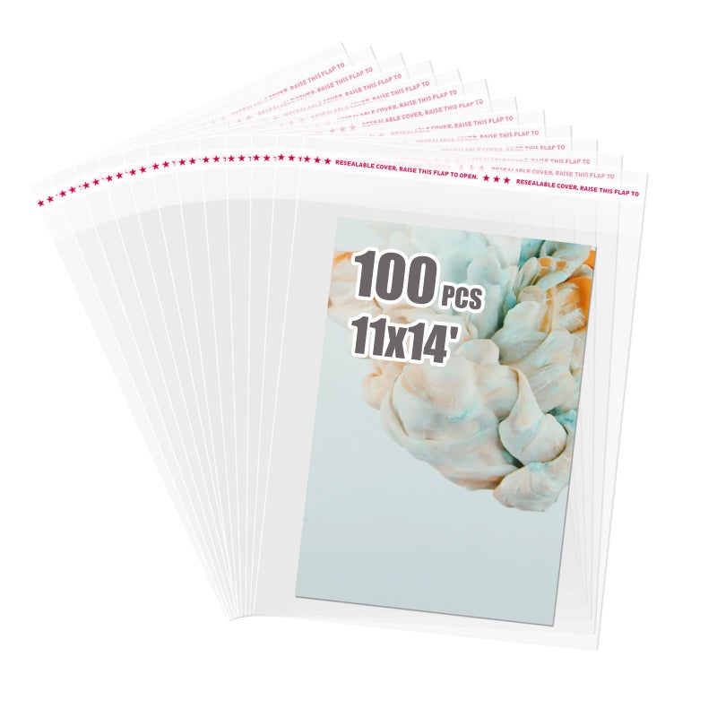 Egofine Self Sealing Cellophane Bags 100 PCS, Crystal Sealed Clear Bags for 11x14 Art Prints, Bag Size: 11.41x14.57 inches - Image 1