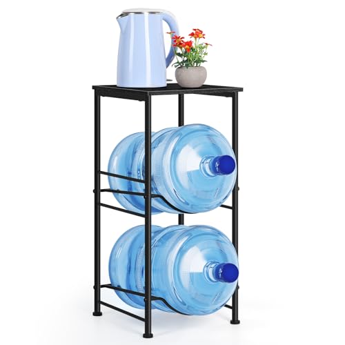 BTY Water Bottle Holder Organizer 5 Gallon Water Jug Holder with Top Shelves 2 Tier Water Cooler Jug Storage Rack Heavy Duty Water Dispenser Stand for 5 Gallon Bottle Kitchen Office Living Room Black - Image 1