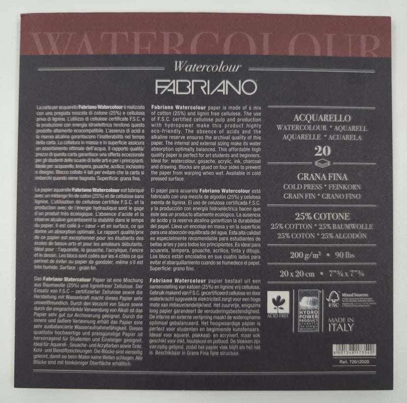 Fabriano Studio Watercolor Paper Block, 25% Cotton – 20 Sheets, Cold Pressed, 200 GSM, 20 x 20 cm – |Ideal for Watercolour, Tempera, Gouache, Acrylic, Ink and Drawing - Image 2