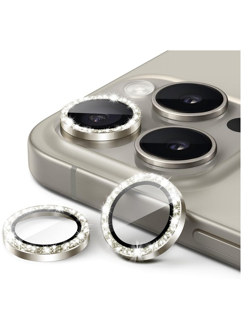 ELTRAZONE Camera Lens Protector for iPhone 15 Pro 6.1-Inch and iPhone 15 Pro Max 6.7-Inch, Bling Glitter Individual 9H Tempered Glass Metal Ring Cover, HD Clear, 3-Pack (Natural Titanium) - Image 1