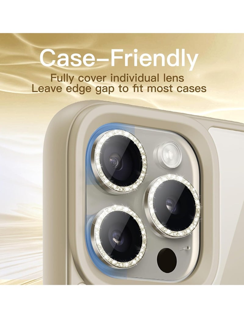 ELTRAZONE Camera Lens Protector for iPhone 15 Pro 6.1-Inch and iPhone 15 Pro Max 6.7-Inch, Bling Glitter Individual 9H Tempered Glass Metal Ring Cover, HD Clear, 3-Pack (Natural Titanium) - Image 4