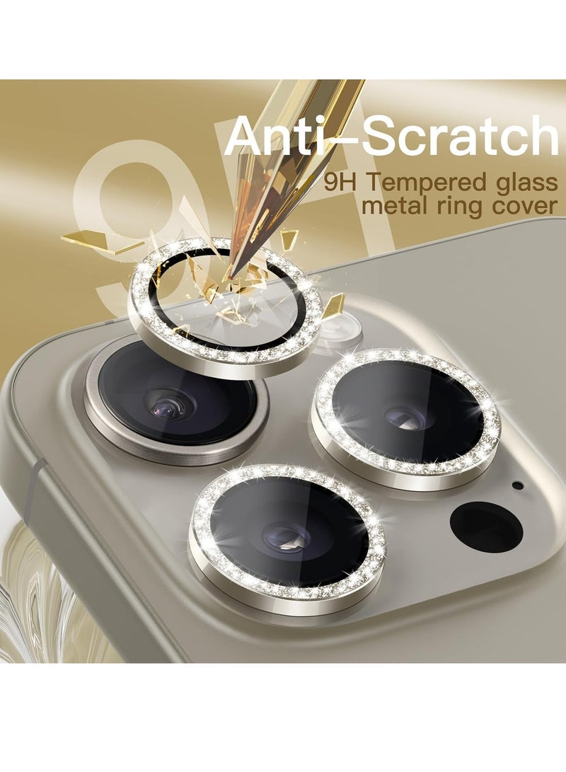 ELTRAZONE Camera Lens Protector for iPhone 15 Pro 6.1-Inch and iPhone 15 Pro Max 6.7-Inch, Bling Glitter Individual 9H Tempered Glass Metal Ring Cover, HD Clear, 3-Pack (Natural Titanium) - Image 3