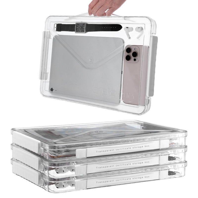 mekueeex 4 Packs File Box Clear Portable Project Case with Handle Plastic Stackable Paper Storage Box Document Magazines File Boxes Holder for A4 Letter File Scrapbook Storage Photo Protector Case - Image 1
