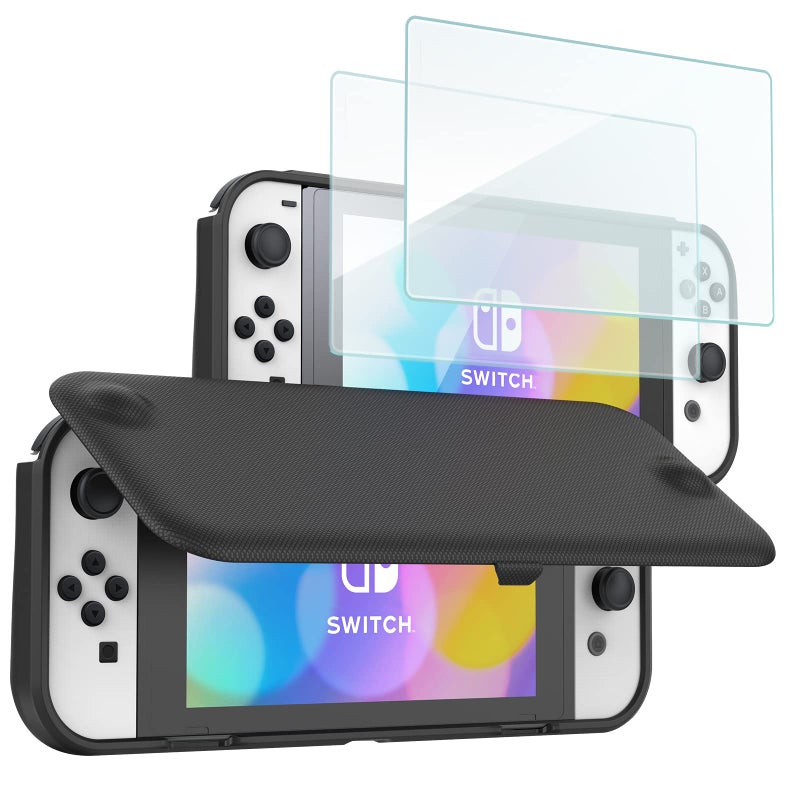 ProCase Flip Cover for Nintendo Switch OLED with 2 Pack Tempered Glass Screen Protectors, Slim Protective Case with Magnetically Detachable Front Cover for Nintendo Switch OLED 2021 -Black - Image 1