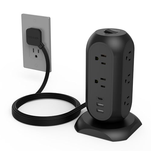 TESSAN Surge Protector Power Strip Tower with 3 USB Ports 11 Outlets, 1875W/15A, Black Extension Cord 6 Feet, 1050J Protection Desktop Charging Station for Office School Dorm Room Essentials - Image 1