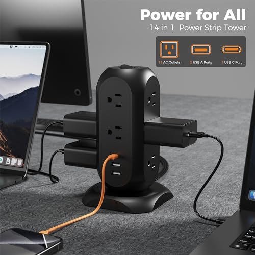 TESSAN Surge Protector Power Strip Tower with 3 USB Ports 11 Outlets, 1875W/15A, Black Extension Cord 6 Feet, 1050J Protection Desktop Charging Station for Office School Dorm Room Essentials - Image 2