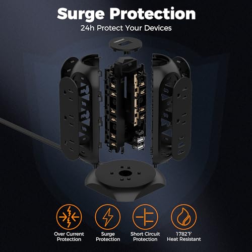 TESSAN Surge Protector Power Strip Tower with 3 USB Ports 11 Outlets, 1875W/15A, Black Extension Cord 6 Feet, 1050J Protection Desktop Charging Station for Office School Dorm Room Essentials - Image 3