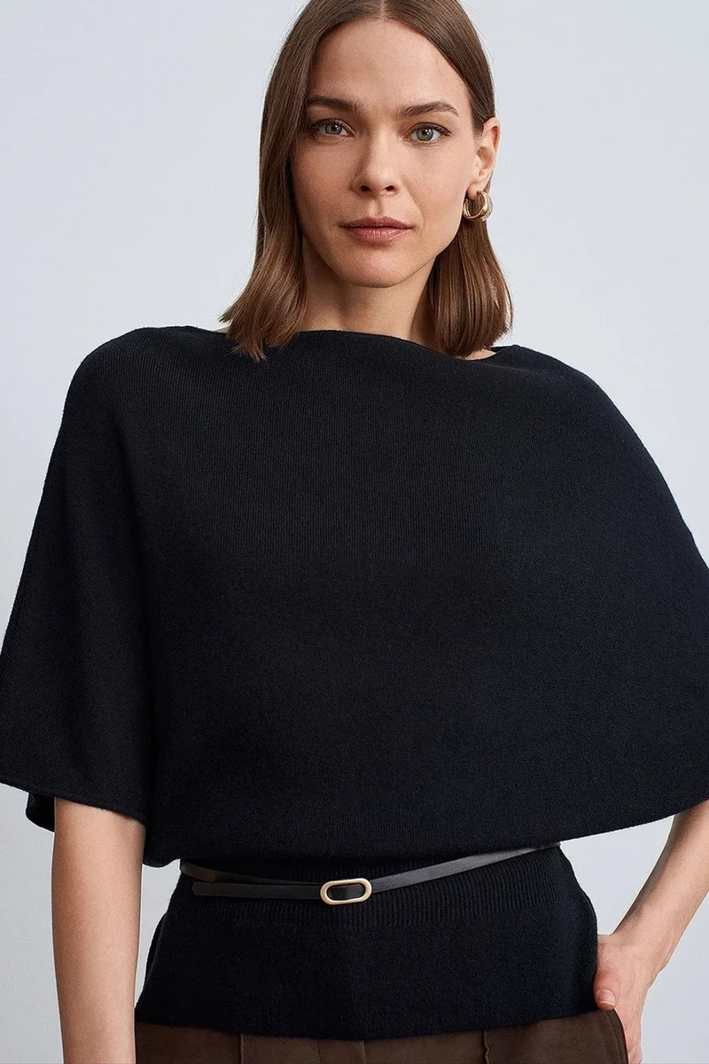 Dilvin Black DILVIN Belted Boat Neck Knit Sweater for Women | Best Price UAE