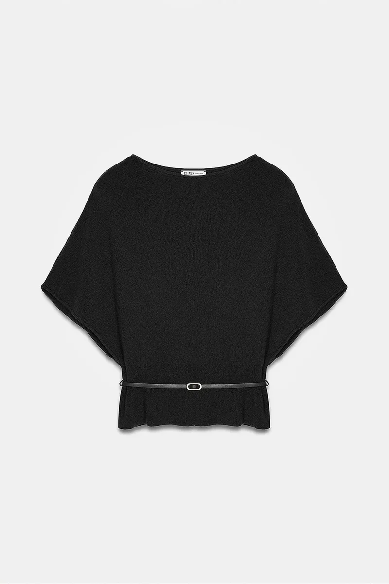 Dilvin Black DILVIN Belted Boat Neck Knit Sweater for Women | Best Price UAE