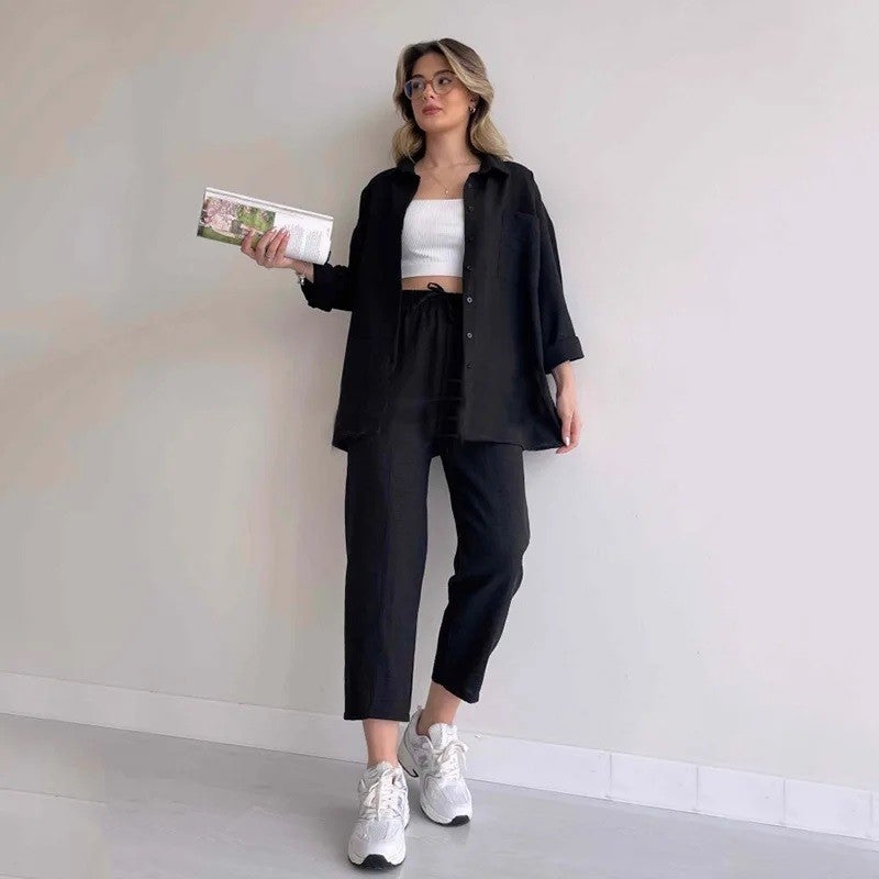1Tarz 1Style Barbora Linen Casual Two Piece Suit Trousers Shirt LN21BLACK - Image 1