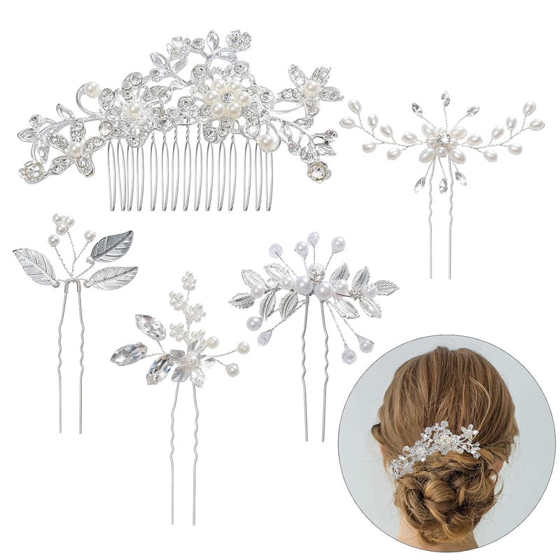 5 Pieces Wedding Hair Comb Bridal Hair Pins Set Silver Crystal Pearl Hair Side Comb Ushaped Flower Rhinestone Wedding Hair Accessories for Bride Bridesmaid Prom