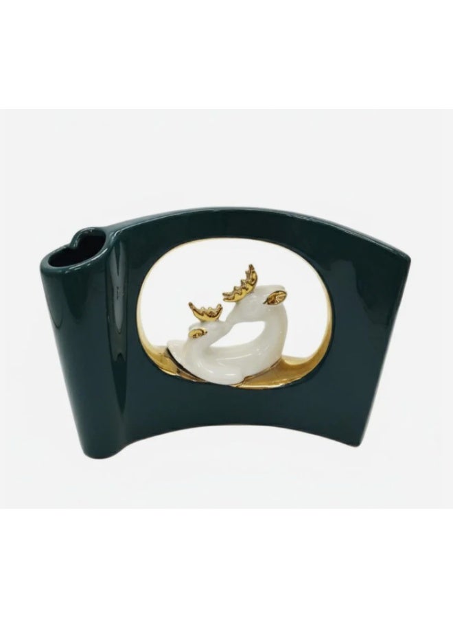 AKDC Green Ceramic Vase with Decorative Deer Figurine – 27×20 cm - Image 1