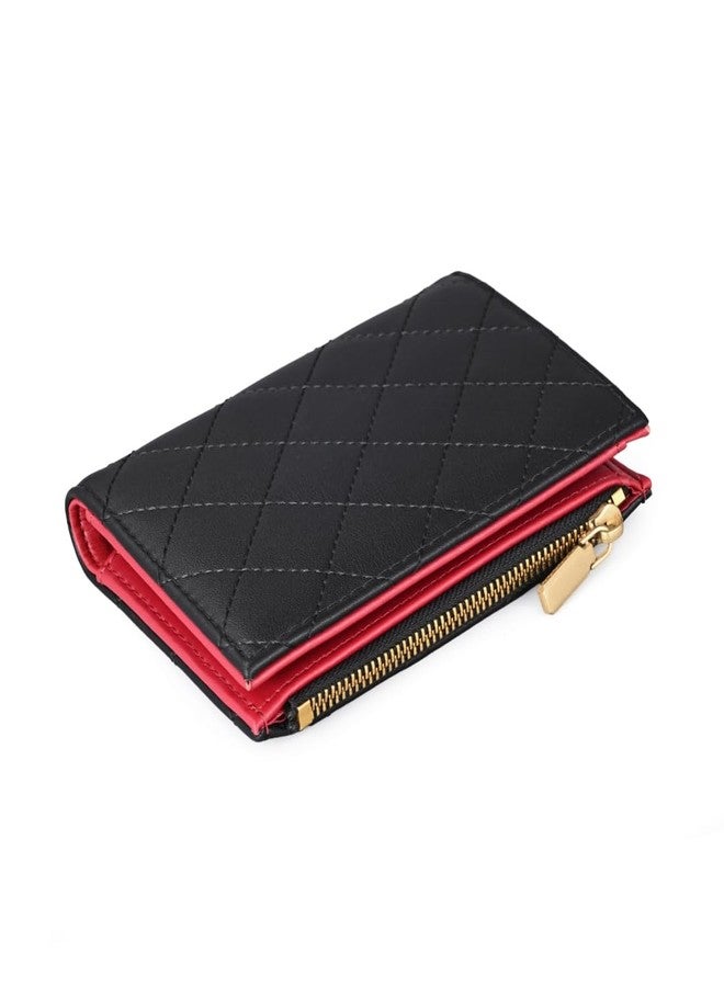 Masien Rauder Slim Bi-fold Checkered Quilted Leather Wallet | Classic Minimalist Style w. ID Window/Card Slot/Bill Holder/Zip Coin Pocket for Women (Black Quilted) - Image 5
