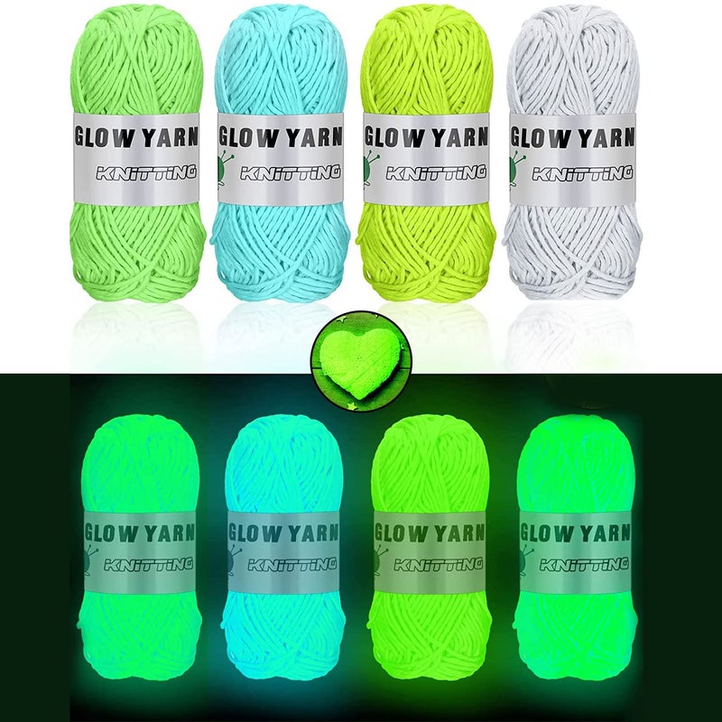 YumSur 4 Pcs Glow in The Dark Yarn Each 55yd DIY Glow Yarn for Knitting Crocheting  Sewing Polyester