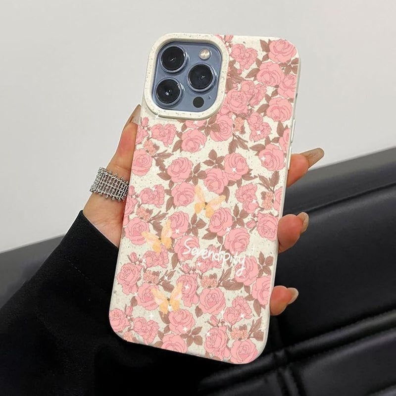 PANDACAMEL Pink Rose Butterfly Pattern Case for iPhone 13 Pro - Anti-Scratch TPU and Hard PC Cover - Image 1