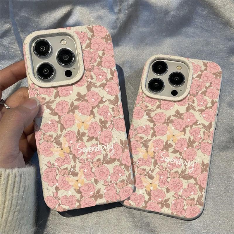 PANDACAMEL Pink Rose Butterfly Pattern Case for iPhone 13 Pro - Anti-Scratch TPU and Hard PC Cover - Image 2