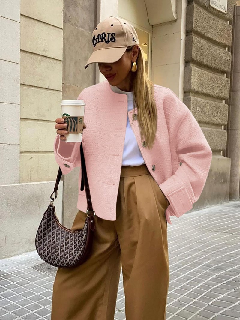 BZB Pink Tweed Jacket for Women Long Sleeve Business Button Down Casual Cropped Blazer Fall Cute Tops with Pockets - Image 3