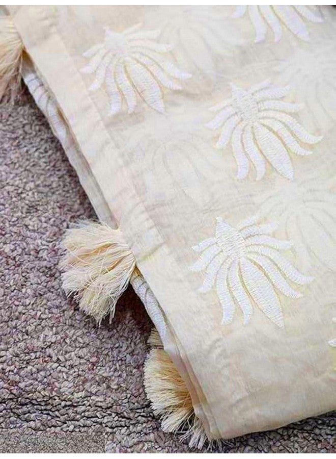 Women's Cream Off White Chanderi Cotton Embroidered Saree With Maroon Kalamkari Printed Blouse Piece Material (Monika 6) - Image 5