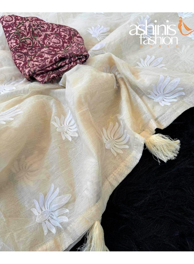 Women's Cream Off White Chanderi Cotton Embroidered Saree With Maroon Kalamkari Printed Blouse Piece Material (Monika 6) - Image 2