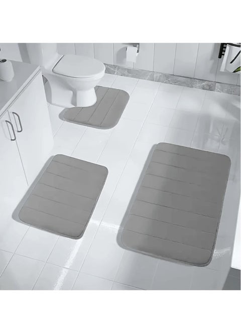 3-Pieces Coral Velvet Bathroom Floor Mat Suit Solid Color Toilet Carpet Set Grey