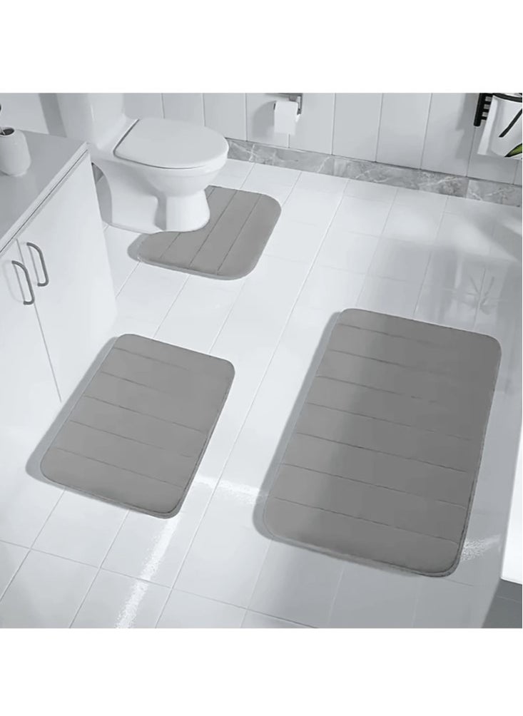 Kutis 3-Pieces Coral Velvet Bathroom Floor Mat Suit Solid Color Toilet Carpet Set Grey  - Image 1