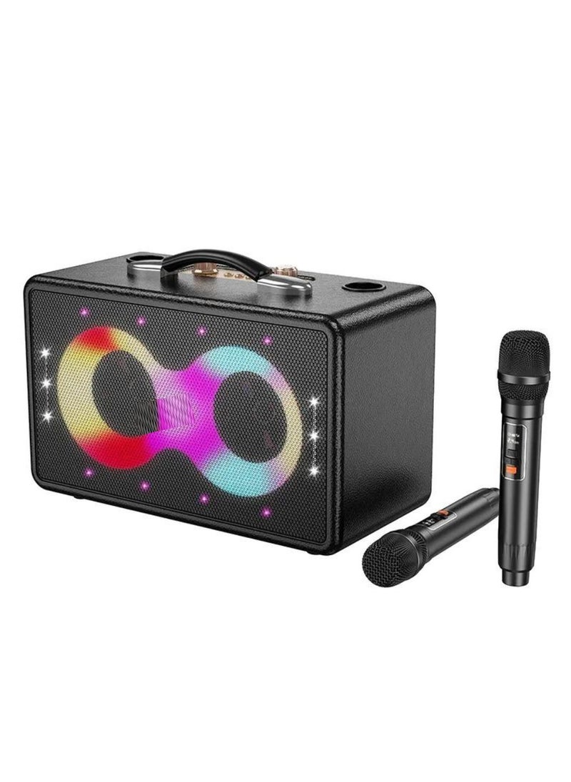 Portable Bluetooth Speaker with Dual 15W Drivers, 5W Tweeter, Dual Wireless Microphones | 60W Peak Output, RGB Strobe Lights, USB-C Charging, 2×3000mAh Battery, 6H Music/8H Mic Playtime | TF Card, USB, AUX Support | Reverb & Mic Echo Control | Party Karaoke Speaker