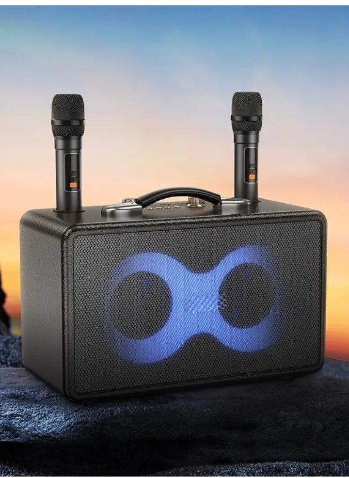 Portable Bluetooth Speaker with Dual 15W Drivers, 5W Tweeter, Dual Wireless Microphones | 60W Peak Output, RGB Strobe Lights, USB-C Charging, 2×3000mAh Battery, 6H Music/8H Mic Playtime | TF Card, USB, AUX Support | Reverb & Mic Echo Control | Party Karaoke Speaker