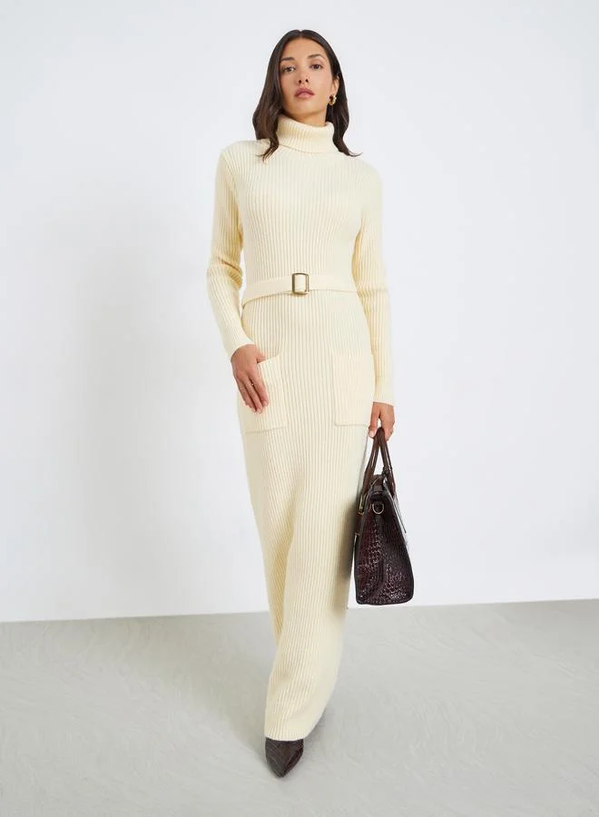 Styli Women Knit Maxi Sweater Dress with Belt