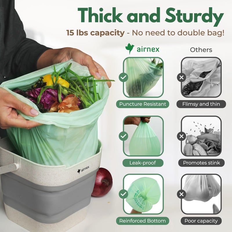 AIRNEX Small Compost Bags 1.6 Gal - 50 Compostable Kitchen Trash Bags for Countertop Bin - Cornstarch Leakproof & Tear-Resistant - OK Compost Home & Seedling Certified 0.18 mm Kitchen Garbage Bags - Image 3