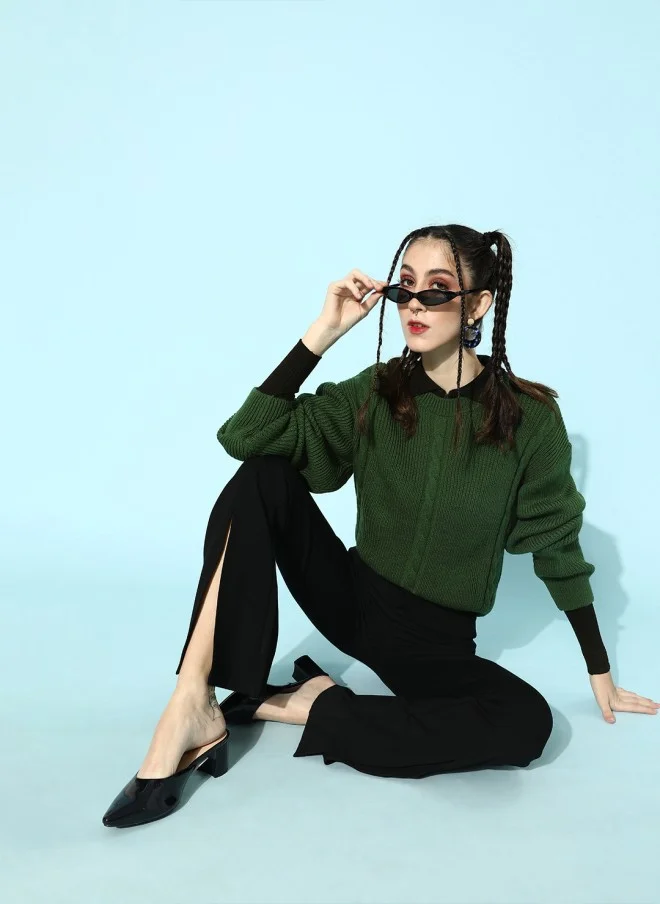 STREET 9 كنزة نسائية بياقة مدورة من الأكريليك الأخضر