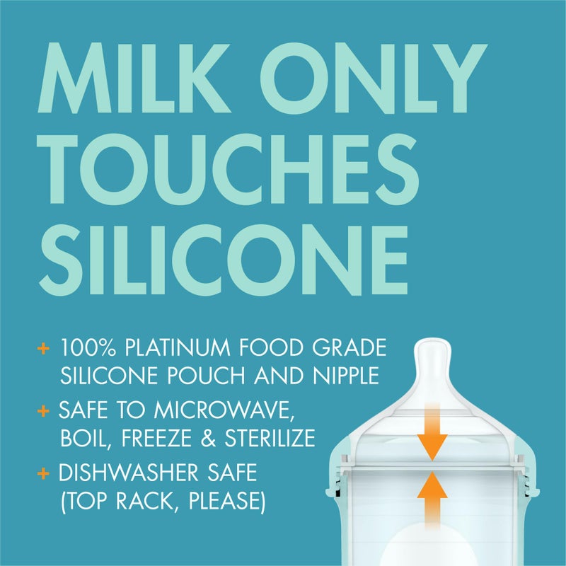 Boon Nursh Reusable Silicone Pouch Baby Bottles - Medium Flow Nipple - Silicone Baby Bottle Pouch and Nipple - Baby Feeding Essentials - Blue - 3-6 Months - 3 Count - 8 Ounce - Image 4