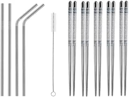 Zelwie Stainless Steel Combo Korean Vietnamese Chopstick and Straw Kitchen Tool Set 10 Chopstick 2 Straight Straw 2 Bent Straw1 Cleaning Brush - Image 1