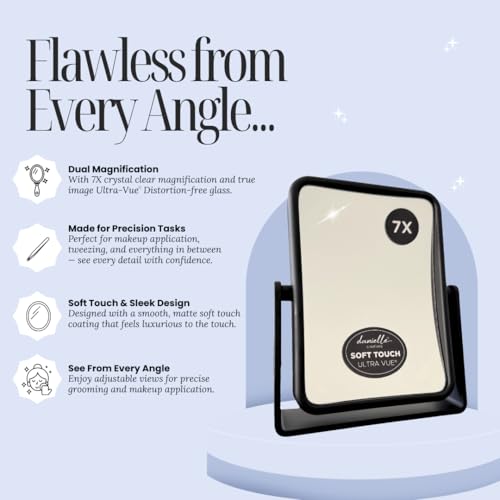 DC DANIELLE Danielle Creations 6.75-Inch Magnifying Vanity Makeup Mirror Rectangular Soft Touch Finish with 7X Magnification and 360 Swivel, Black - Image 3