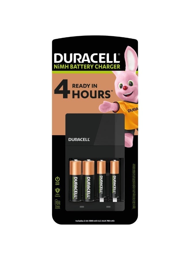 Duracell High Speed Battery Charger with Fast 4-Hour Charging, Auto Shut Off, Safety Protections, LED Status Indicator, Includes 2 AA 1300mAh & 2 AAA 750mAh Rechargeable Batteries - Image 1