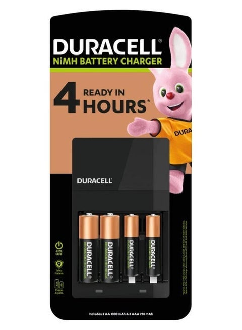 شاحن بطارية عالي السرعة مع شحن سريع لمدة 4 ساعات، وإيقاف تشغيل تلقائي، وحماية أمان، ومؤشر حالة LED، ويتضمن بطاريتين AA 1300 مللي أمبير في الساعة وبطاريتين AAA 750 مللي أمبير في الساعة قابلتين لإعادة الشحن