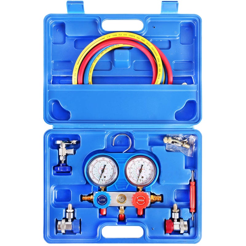 JIFETOR 3 Way AC Manifold Gauge Set HVAC Diagnostic Refrigerant Charging Tool for Auto Household R134A R404A R410A Refrigerant with 5FT Hose Adjustable Quick Coupler Can Tap and R410A Adapter