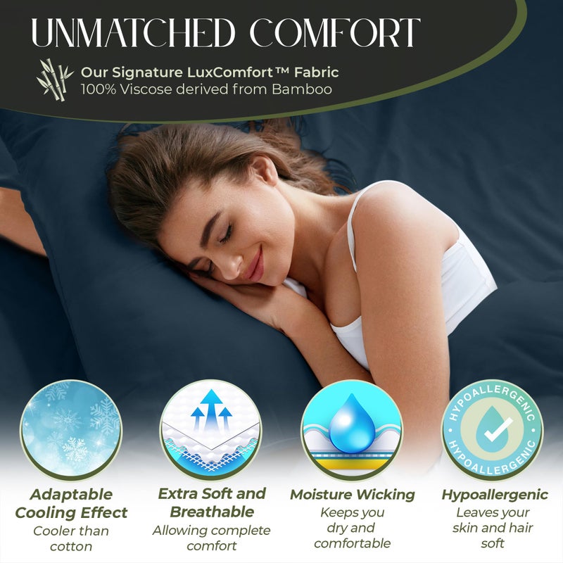 DECOLURE 100% Organic Viscose Derived from Bamboo Sheets Queen Size 6pcs - Ultra Soft & Luxuriously Cooling  17"" Deep Pocket  Double Stitching  Perfect for Hot Sleepers - Queen Bed Sheets (Navy Blue) - Image 2