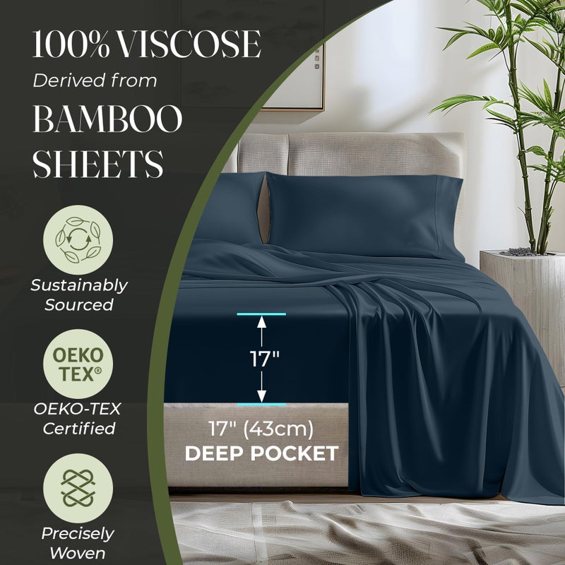 DECOLURE 100% Organic Viscose Derived from Bamboo Sheets Queen Size 6pcs - Ultra Soft & Luxuriously Cooling  17"" Deep Pocket  Double Stitching  Perfect for Hot Sleepers - Queen Bed Sheets (Navy Blue) - Image 4