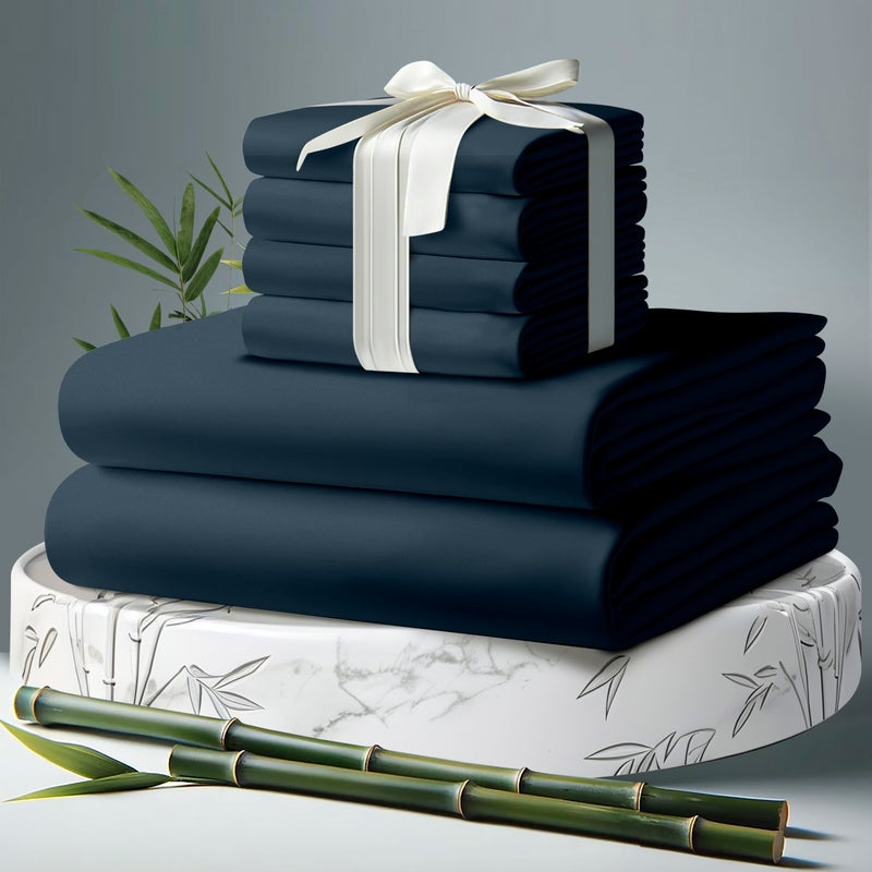 DECOLURE 100% Organic Viscose Derived from Bamboo Sheets Queen Size 6pcs - Ultra Soft & Luxuriously Cooling  17"" Deep Pocket  Double Stitching  Perfect for Hot Sleepers - Queen Bed Sheets (Navy Blue) - Image 1