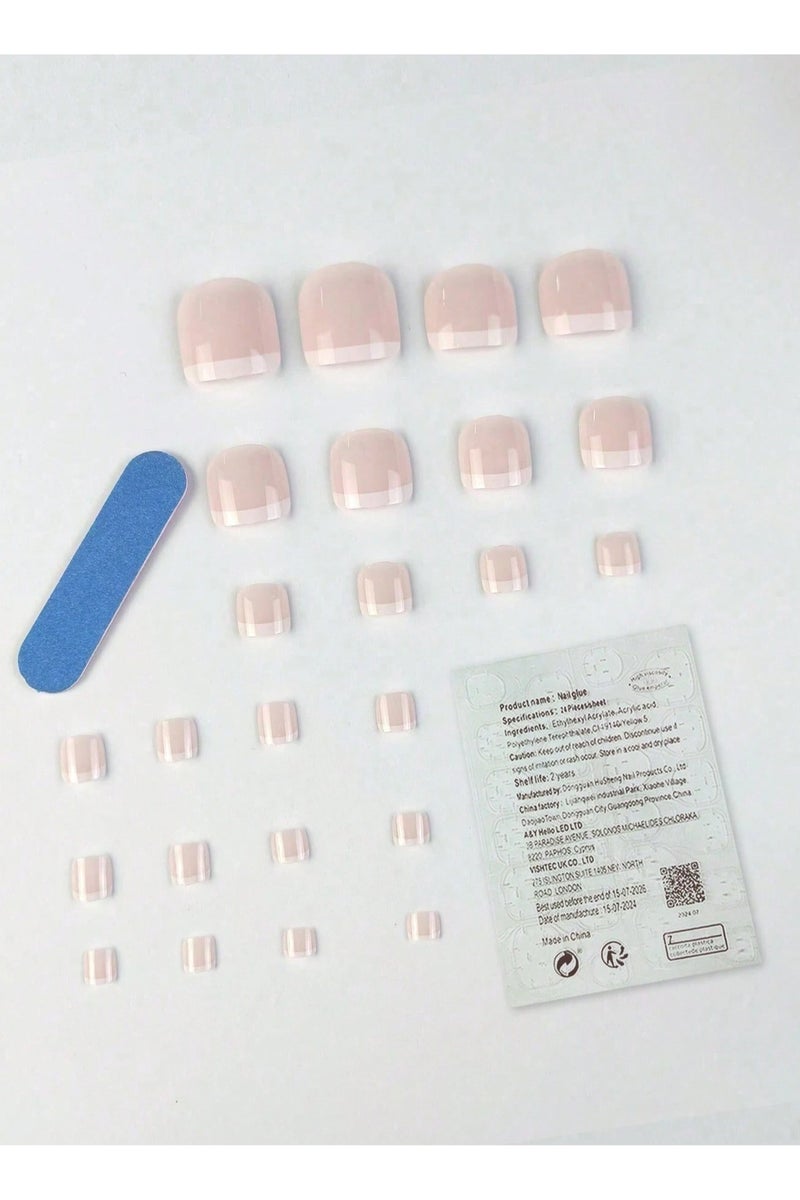 اظافر تركيب للقدم مزيفه فرنسيه بتصميم مربع تحتوي العلبه على 24 ظفر مع مبرد اظافر و صمغ - Image 2