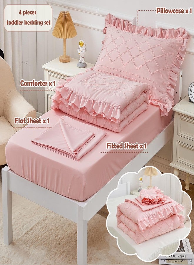 Cozyholy 4 Piece Boho Tufted Toddler Bedding Set for Girls Pink Ruffle Crib Bed Sheets Set Soft Jacquard Embroidery Toddler Comforter Set Bed in a Bag | Include Comforter, Flat Sheet, Fitted Sheet, Pillowcase - Image 5